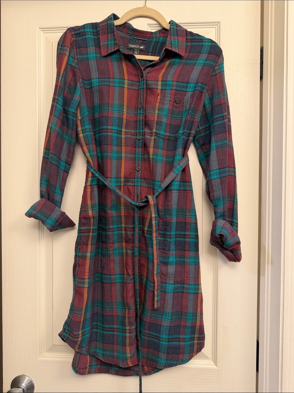 Toad&CO Teal & Burgundy Plaid Shirt Dress
